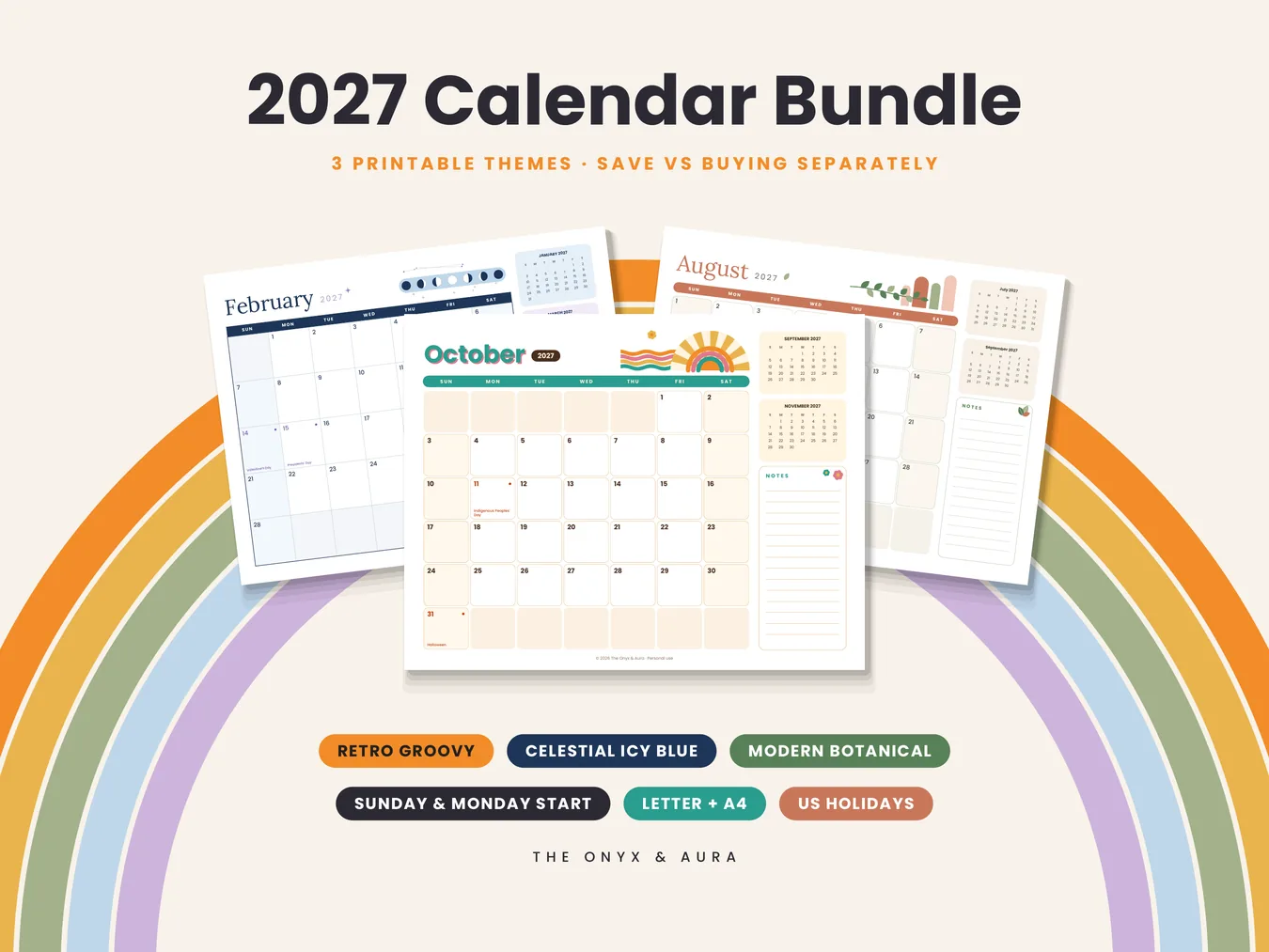Three 2027 printable calendar themes shown together