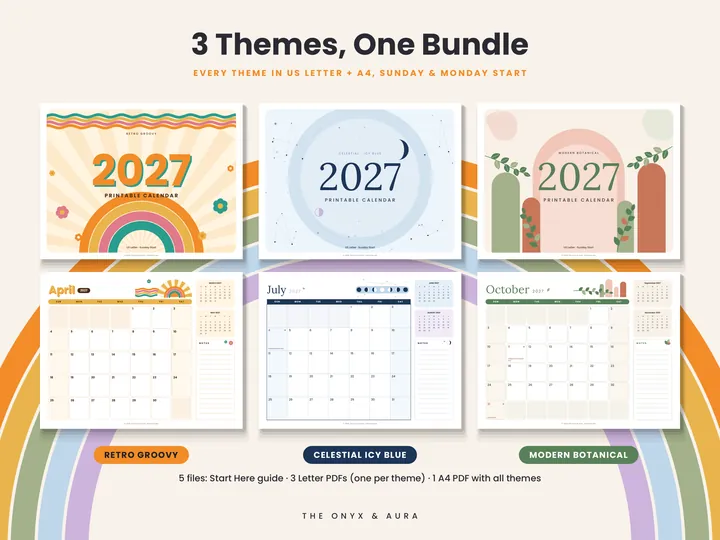 Retro Groovy, Celestial Icy Blue and Modern Botanical calendar covers
