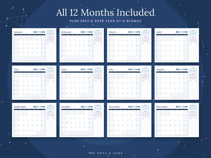 All 12 months of the Celestial Icy Blue calendar