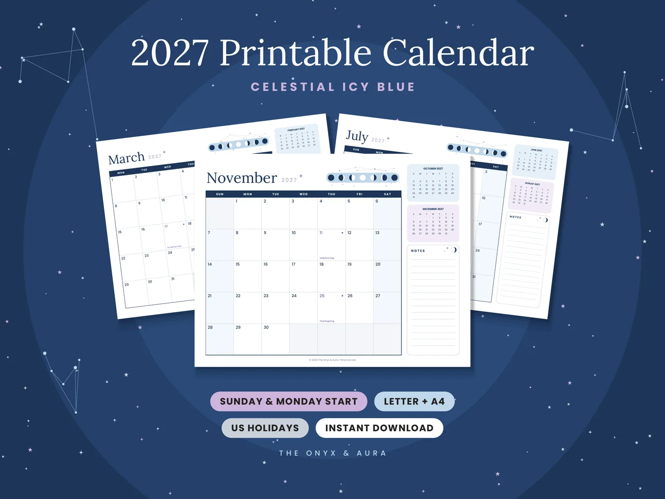 Celestial Icy Blue 2027 printable calendar