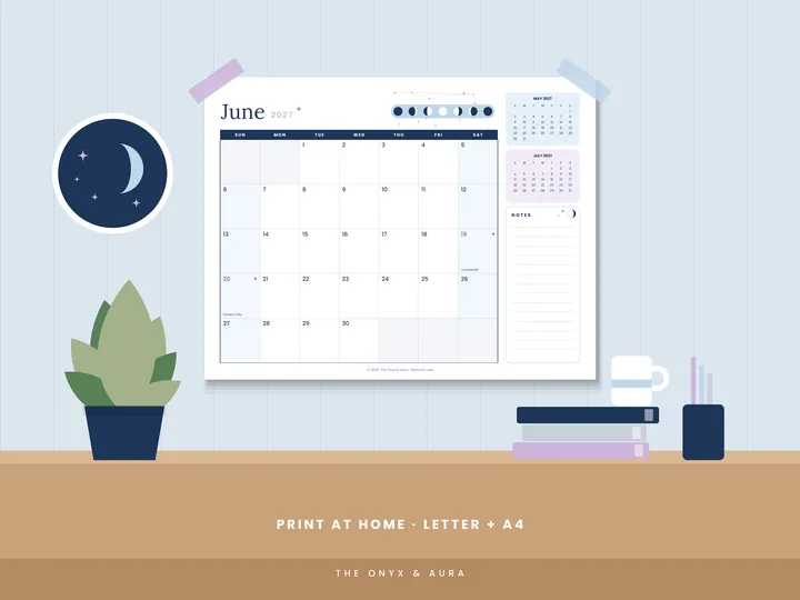 Celestial Icy Blue calendar printed on a wall and a desk
