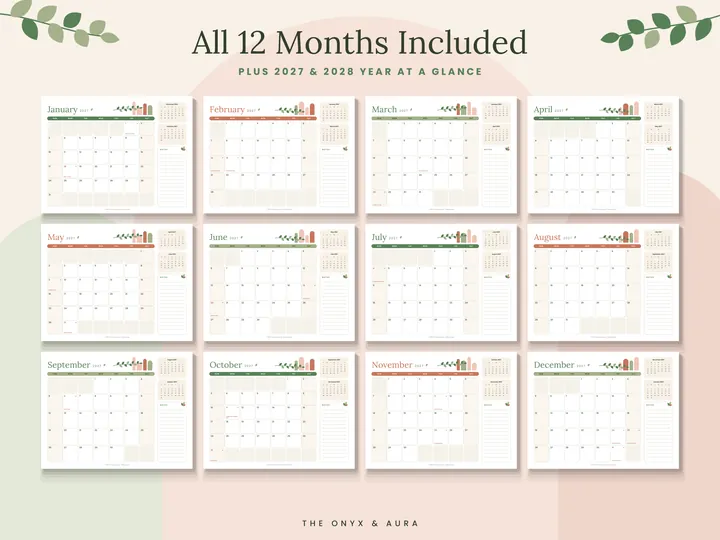 All 12 months of the Modern Botanical 2027 calendar