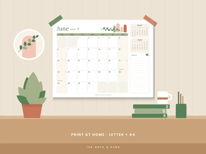 Modern Botanical calendar printed on a wall and a desk