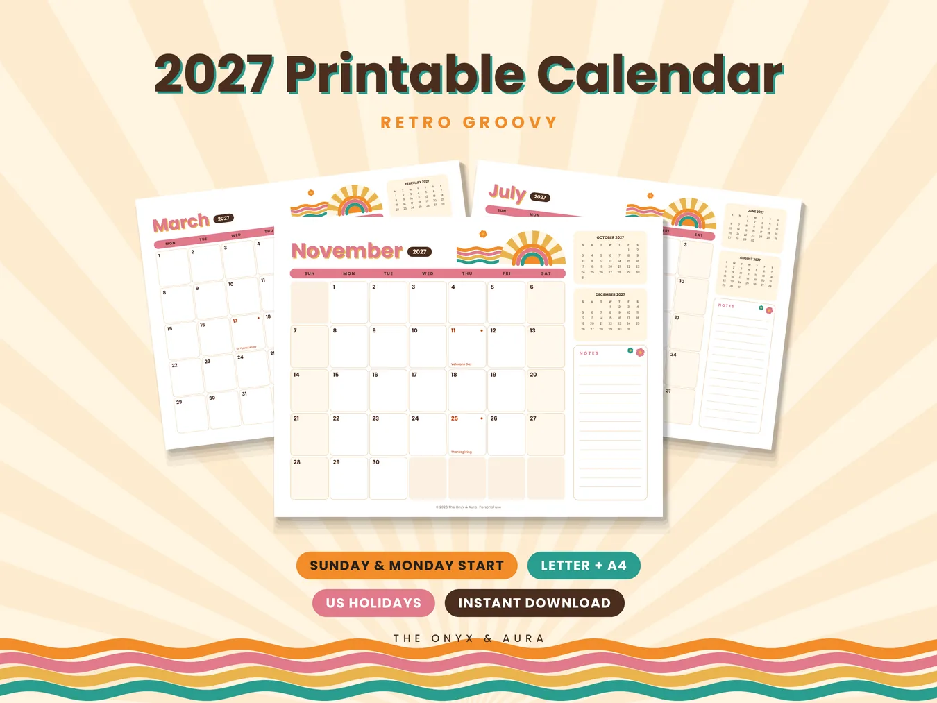 Retro Groovy 2027 printable calendar