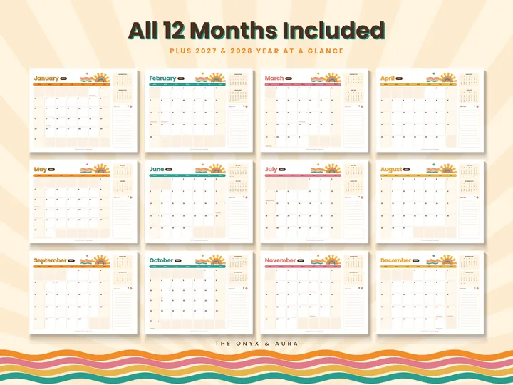 All 12 months of the Retro Groovy 2027 calendar