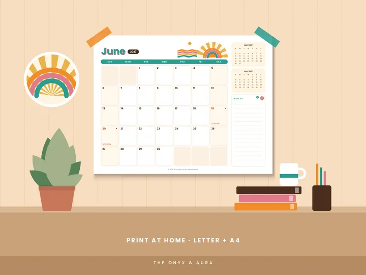 Retro Groovy calendar printed on a wall and a desk