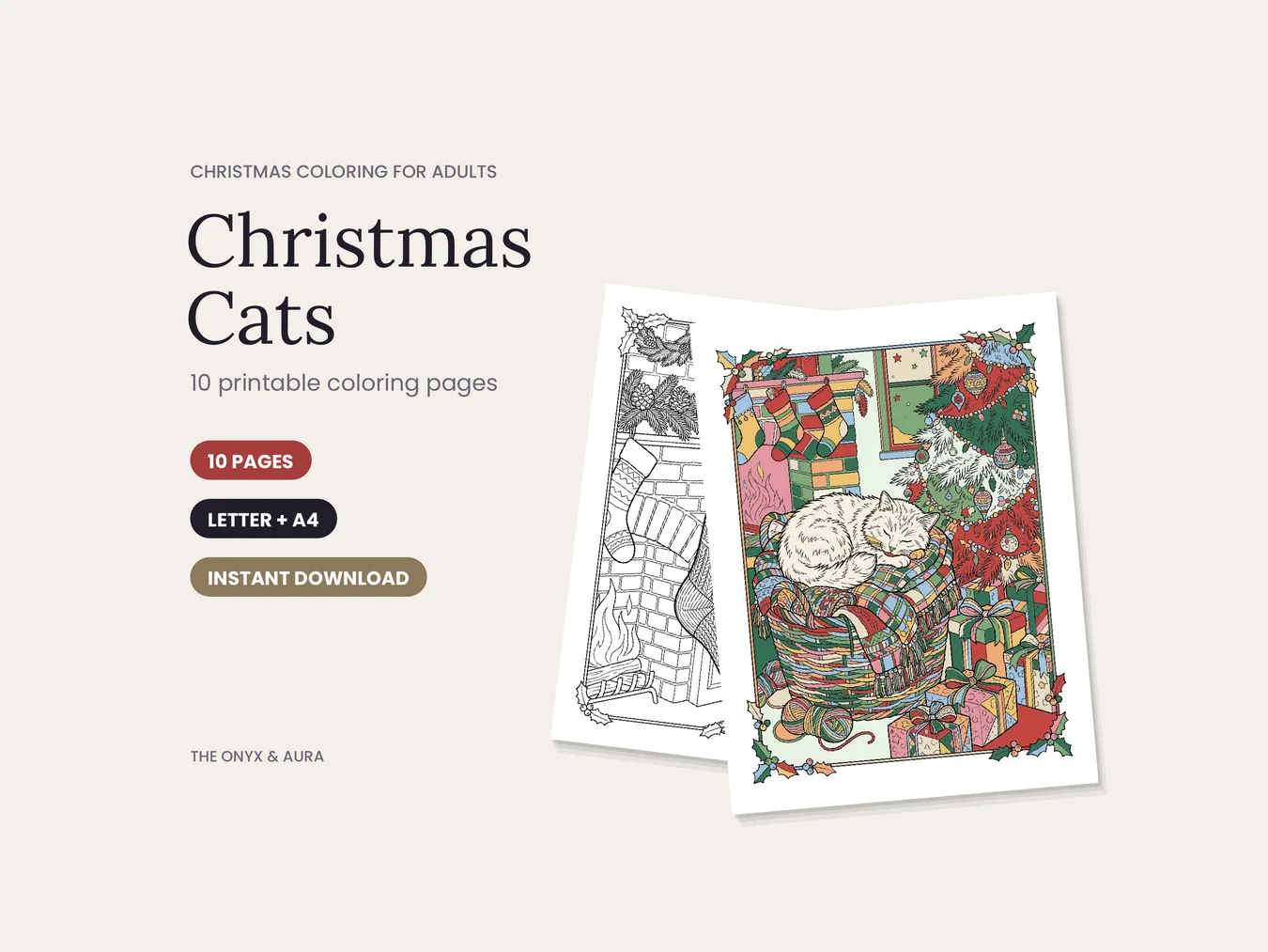 Christmas Cats coloring pages, one in black and white line art and one colored in