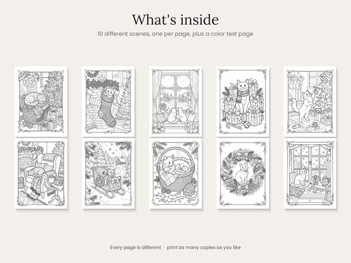 All 10 Christmas cat coloring pages inside the printable