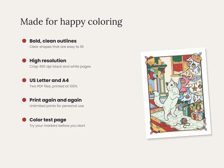 Features of the Christmas Cats coloring printable