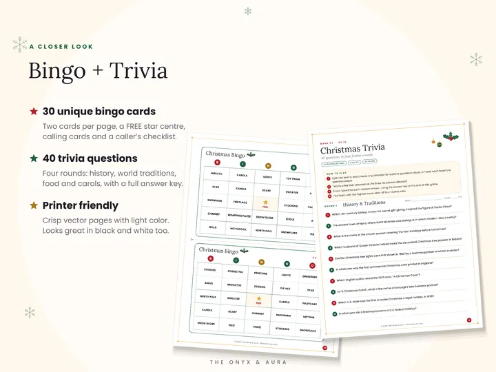 Christmas bingo cards and Christmas trivia pages