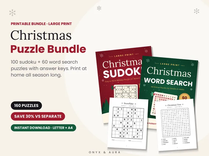 Christmas Sudoku and Christmas Word Search printables shown together