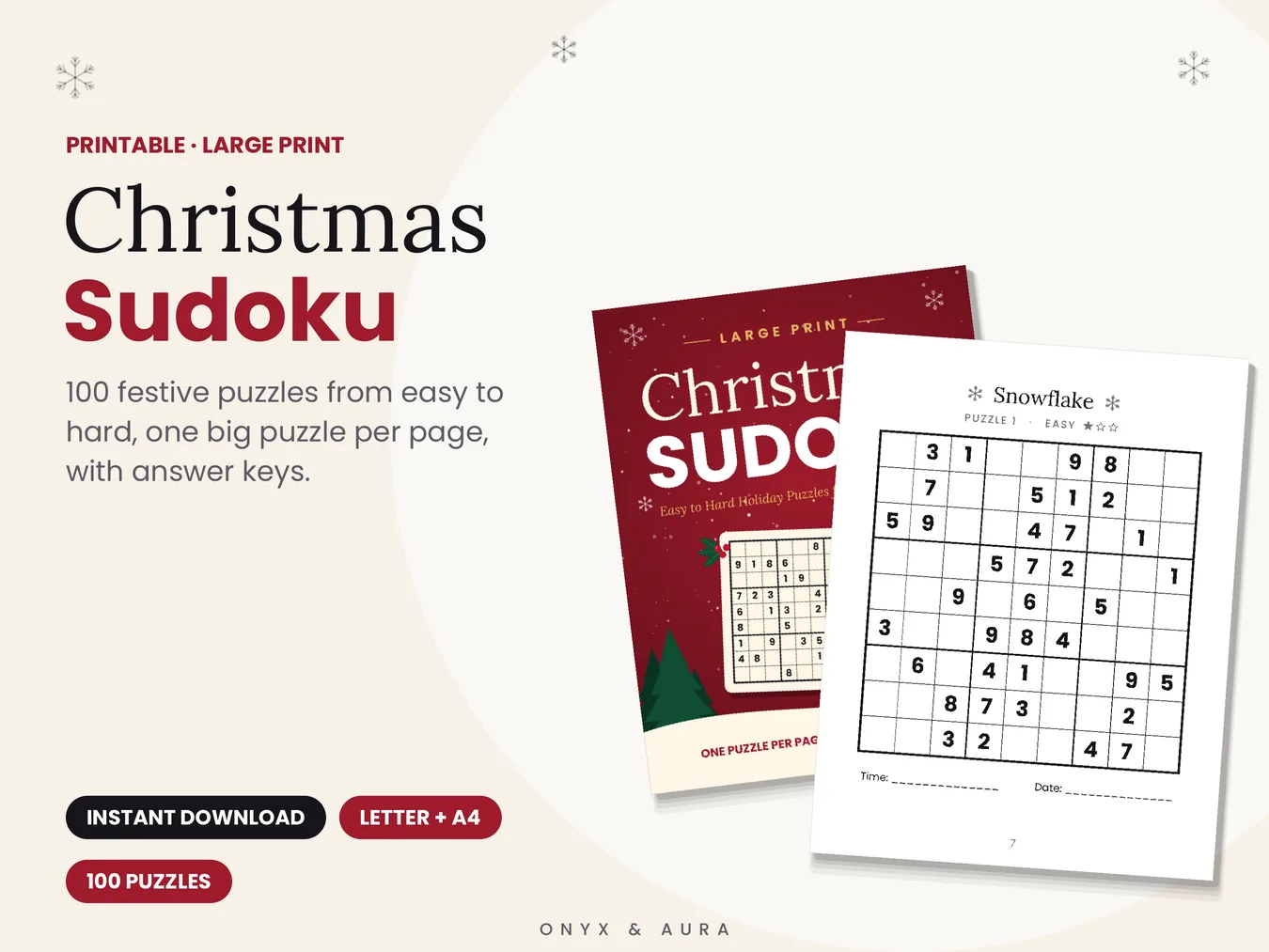 Large Print Christmas Sudoku printable cover and first puzzle
