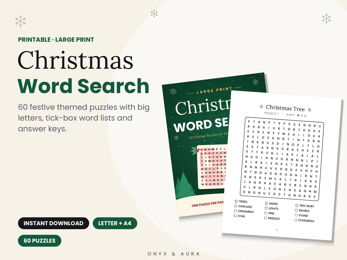 Large Print Christmas Word Search printable cover and first puzzle