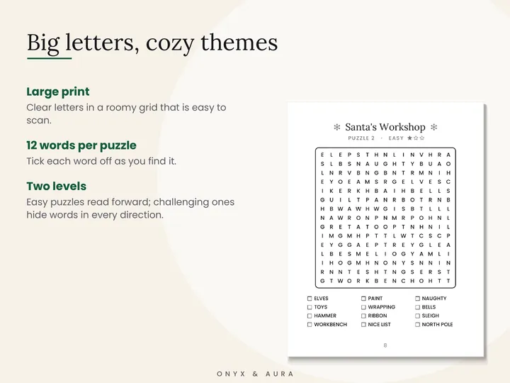 Close-up of a large print word search page