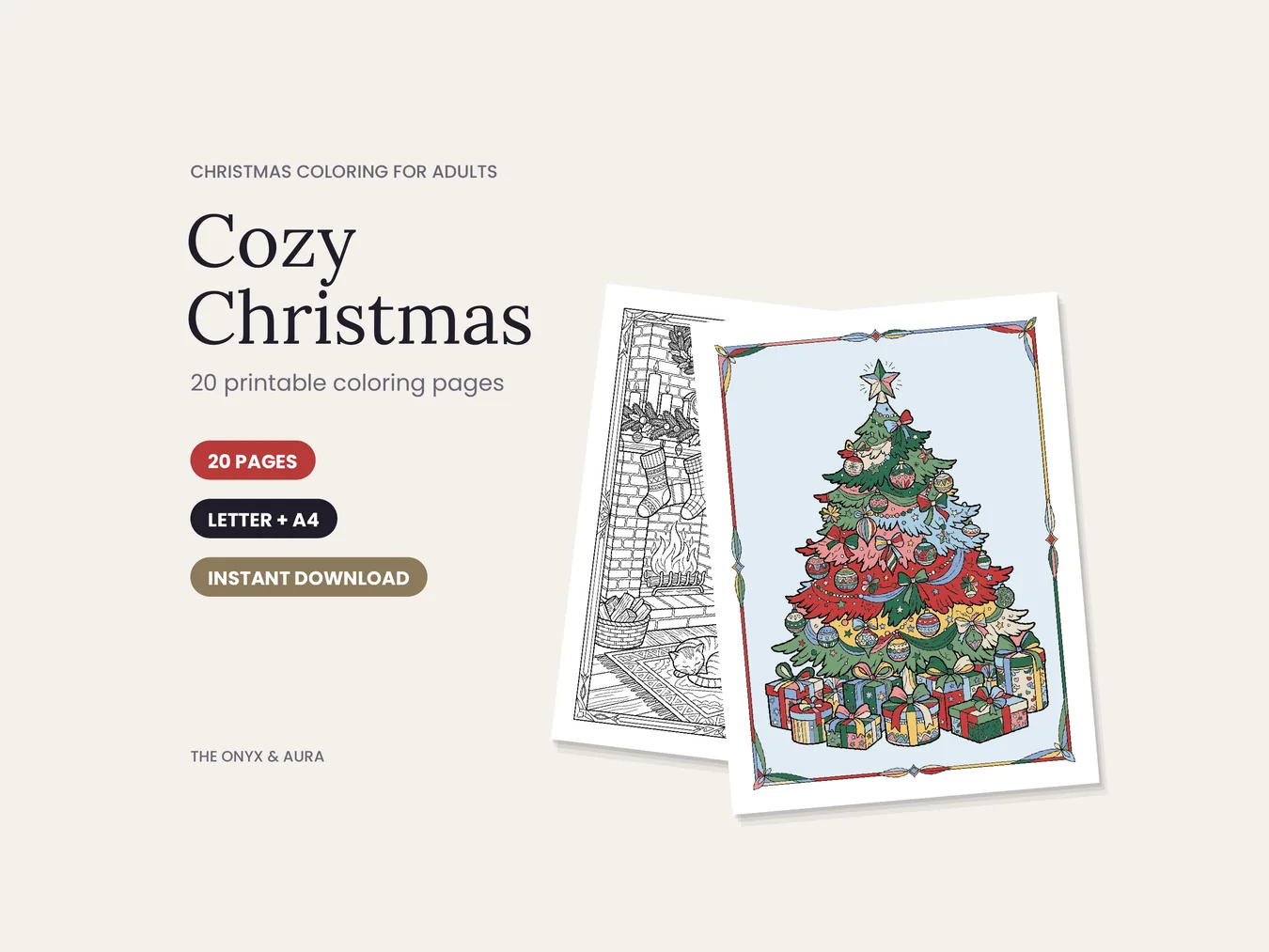 Cozy Christmas Coloring Book pages, one in black and white line art and one colored in