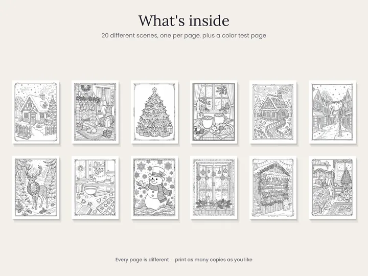 Twelve of the 20 Christmas and winter coloring pages inside the book