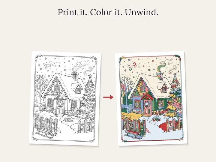 A snowy cottage page shown as line art and as a colored example
