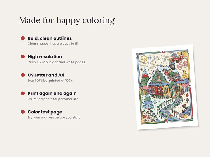Features of the Cozy Christmas Coloring Book printable