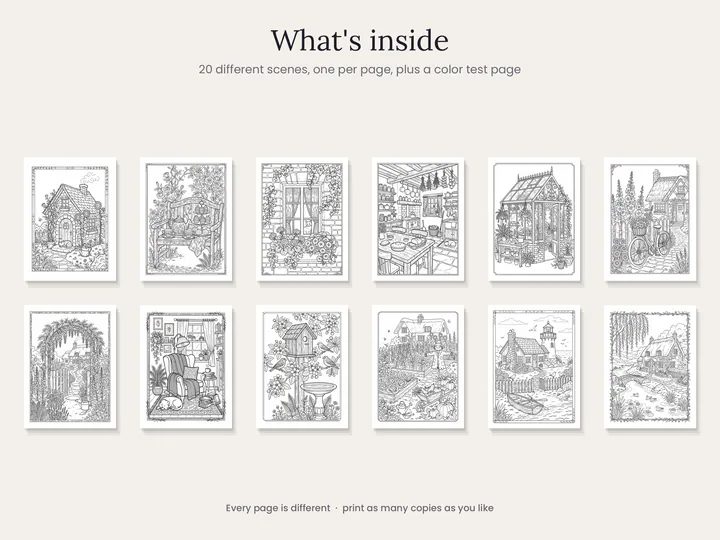 Twelve of the 20 cottage and garden coloring pages inside the book