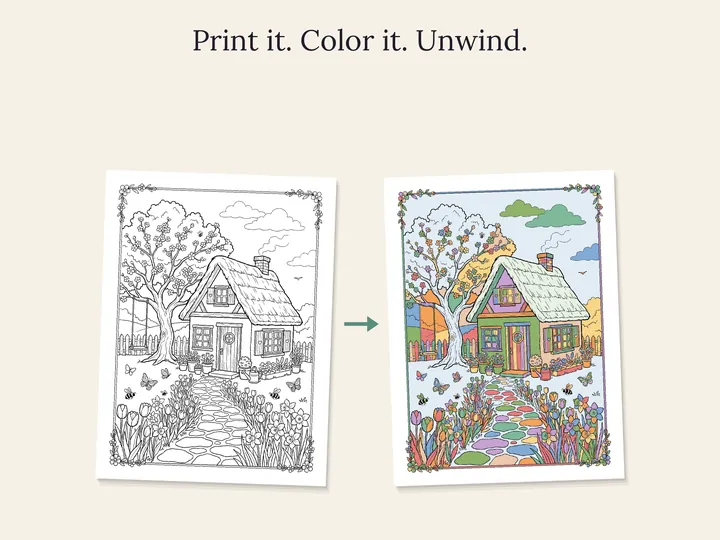 A cottage garden page shown as line art and as a colored example