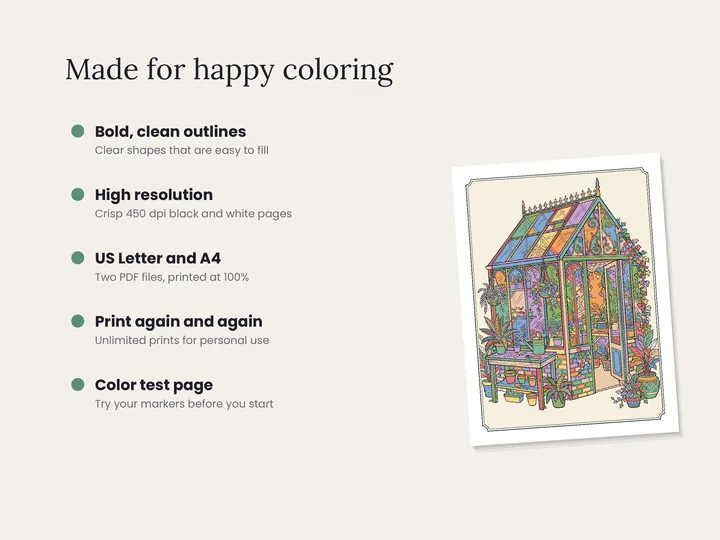 Features of the Cozy Cottage Garden Coloring Book printable