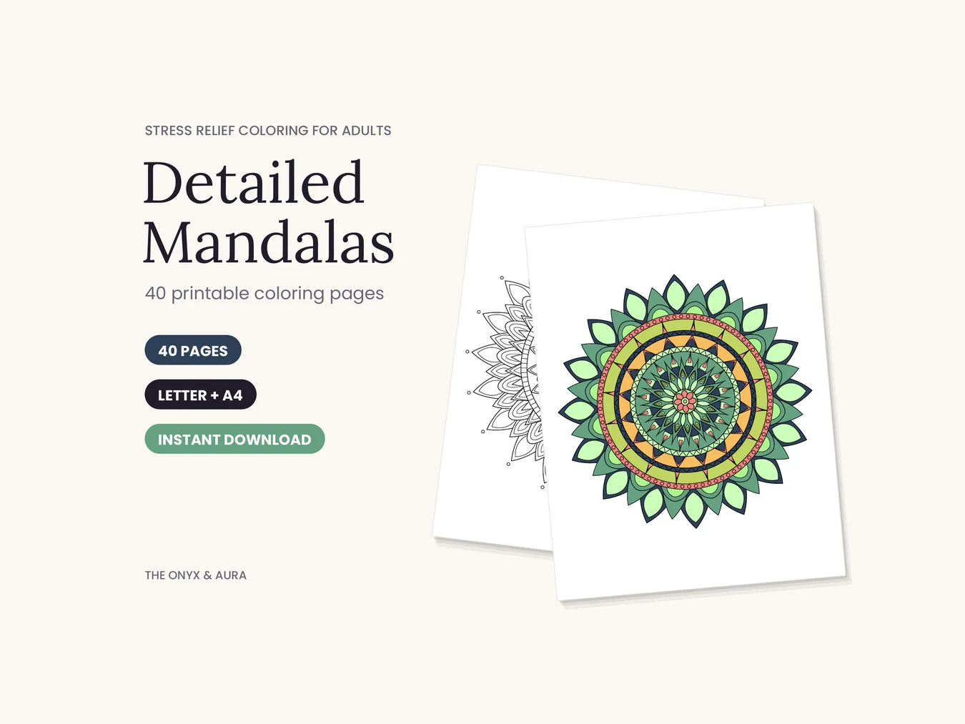 Detailed Mandala Coloring Pages printable, line art and a colored example