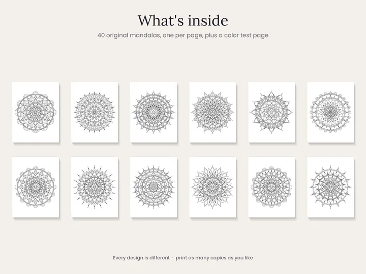 Twelve of the 40 detailed mandala designs
