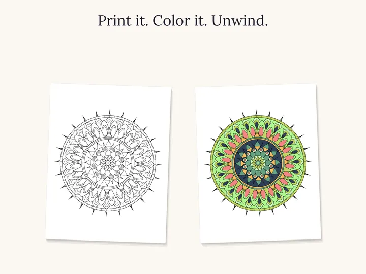 A detailed mandala shown as line art and colored in