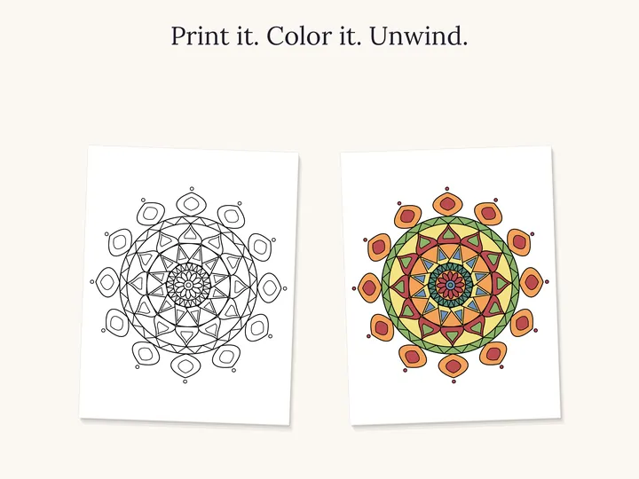 An easy mandala shown as line art and colored in