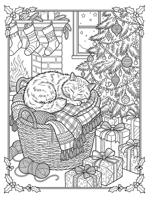 Free printable Christmas cat coloring page in black and white line art
