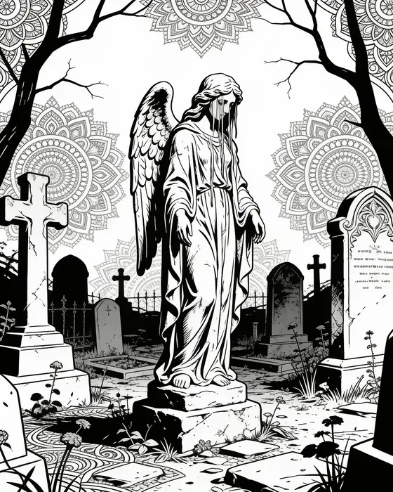 Weeping angel statue in a graveyard coloring page