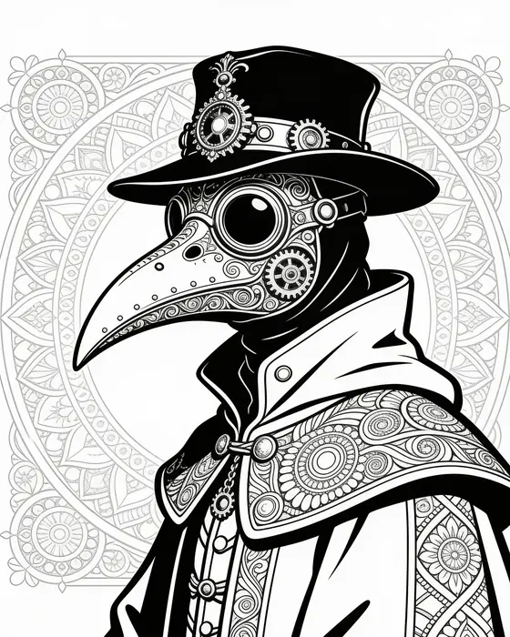 Plague doctor coloring page with ornate mandala background
