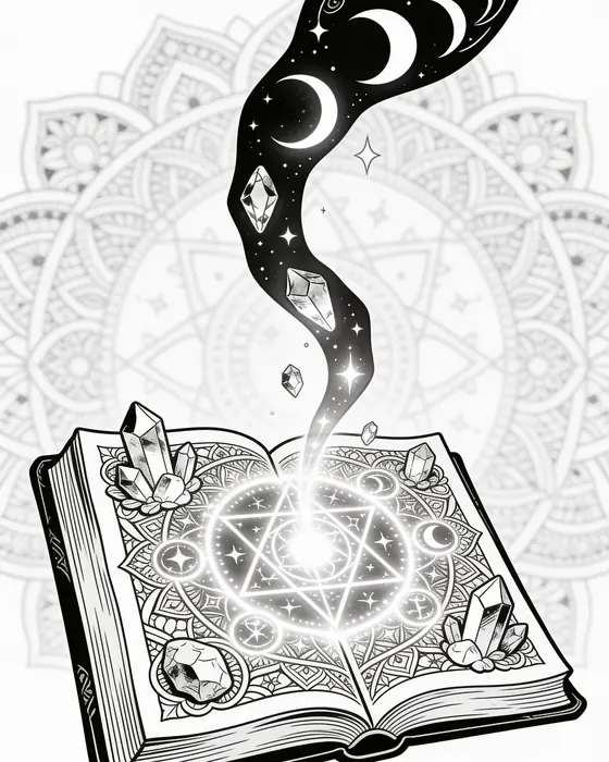 Open spellbook coloring page with a crescent moon