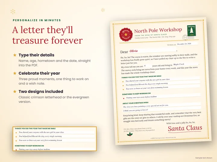 Close-up of the editable Letter from Santa with sample text