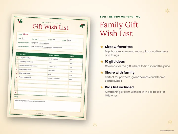Family gift wish list page with sizes and gift ideas