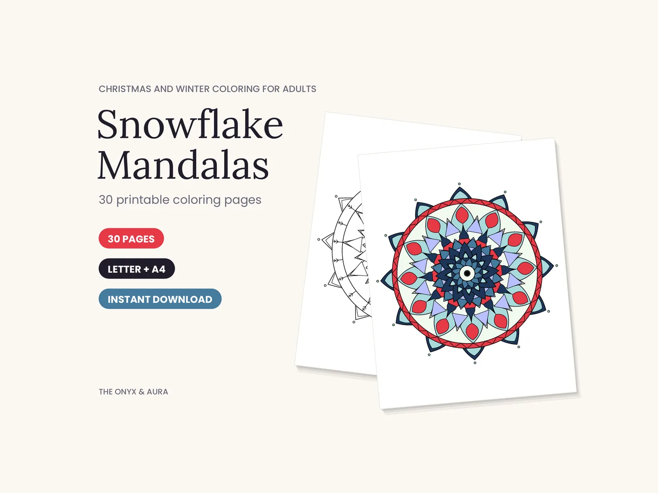 Snowflake Mandala Coloring Pages printable, line art and a colored example