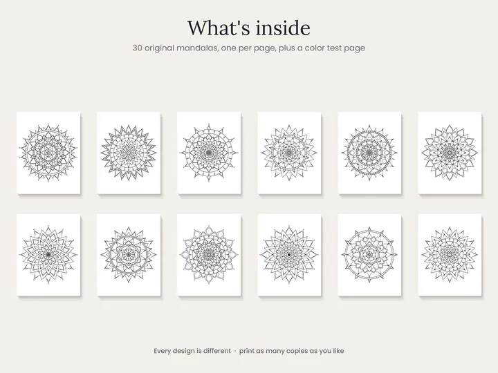 Twelve of the 30 snowflake mandala designs