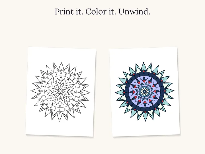 A snowflake mandala shown as line art and colored in