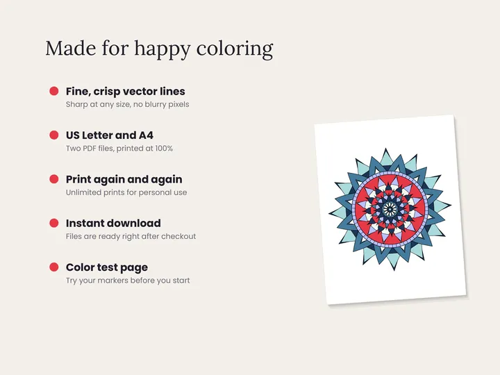 Features of the Snowflake Mandala Coloring Pages printable